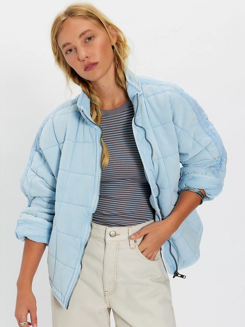 Free People Dolman Quilted Knit Jacket Ice Water Twilight Blue